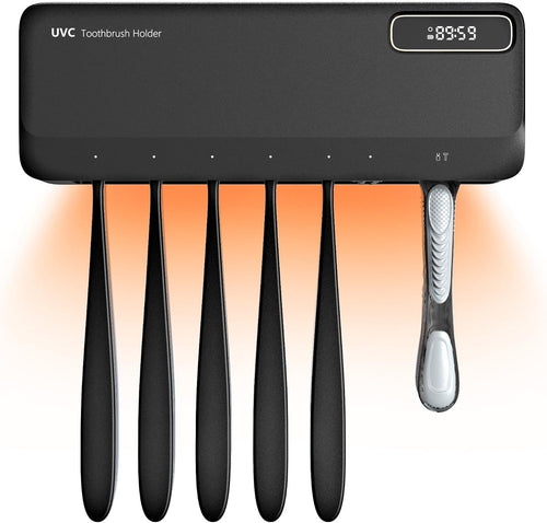 UV Toothbrush Sanitizer Holder for Bathrooms,Mold & Odor Removal & Timer Function Smart Home Bathroom Accessories, 5+1+1 Slots Rechargeable Cordless Wall Mounted Tooth Brush Holder (Black)